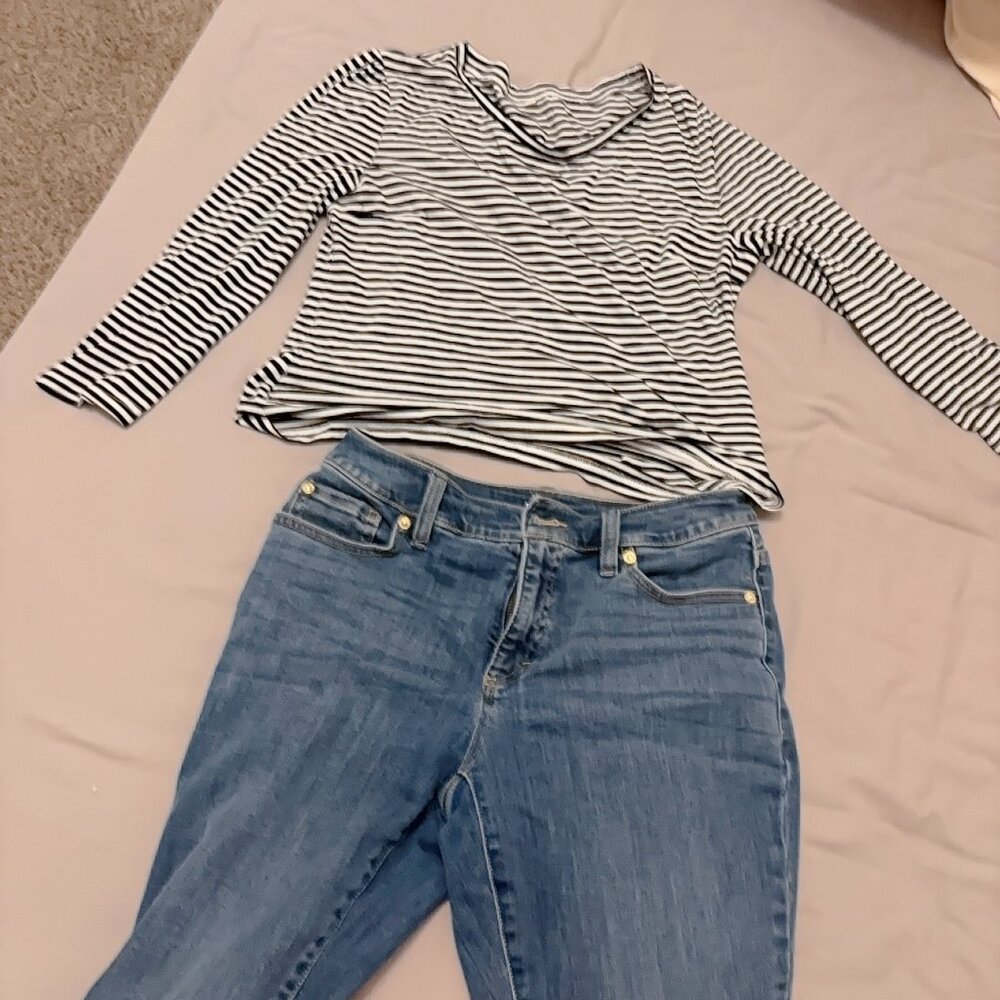 Black White Striped Long Sleeve Top Casual Basic Tee